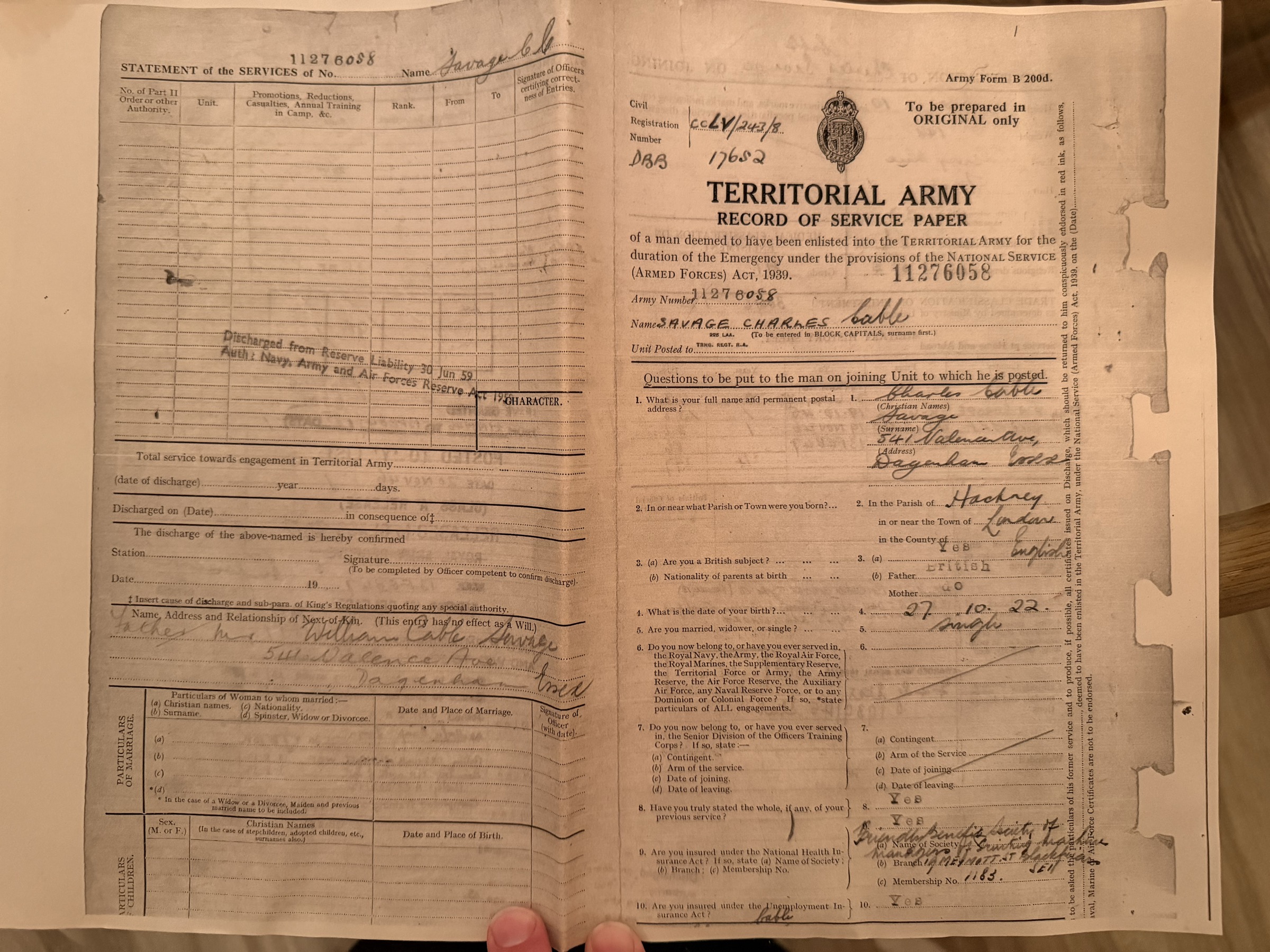 TA Service Paper discharge page, 30 June 1959